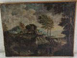 an old painting of a landscape with a house on a hill