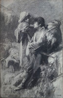 an image of a drawing of a man and a woman sitting on a rock