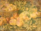 un tableau représentant des pommes et des poires dans un panier posé sur une table