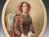 a painting of a woman in a brown dress sitting on a blue chair