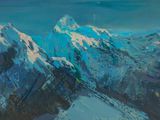 tableau représentant un paysage de montagne enneigé avec un téléski au premier plan