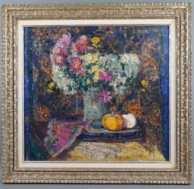 an oil painting of a vase of flowers and fruit on a table