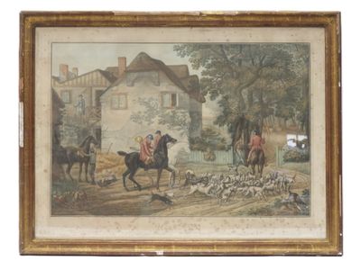 tableau représentant un groupe d'hommes à cheval devant une maison