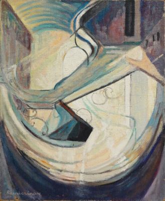 une peinture à l'huile représentant un bateau sur un plan d'eau avec des bâtiments à l'arrière-plan