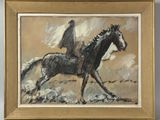 une peinture à l'huile représentant un cheval avec un cavalier sur le dos