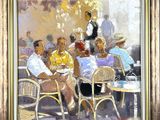 an oil painting of a group of people sitting at a table