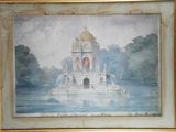 une aquarelle représentant une fontaine au milieu d'un lac