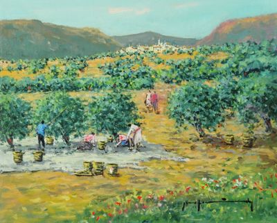 Jaime FERNANDEZ (XXe). La récolte des olives. Huile sur toil…