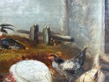 a painting of chickens and chickens in a barn