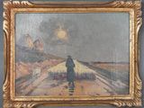 an oil painting of a man walking down a dirt road