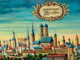 a painting of a city with a clock on it