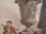 a painting of a man riding a horse next to a vase