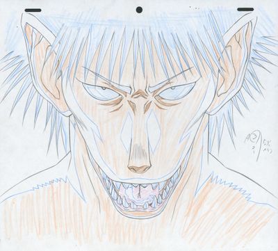 dessin représentant un personnage d'anime masculin, la bouche ouverte et les dents bien visibles