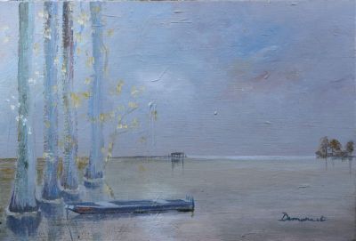 une peinture représentant un bateau dans un plan d'eau