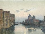 painting of a view of a canal with boats and buildings in the background