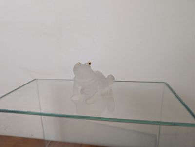 une table en verre sur laquelle est posée une figurine de grenouille