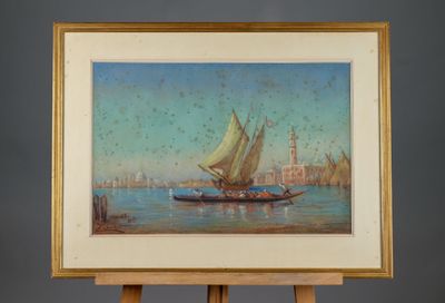 an oil painting of a sailboat on a body of water with a city in the background
