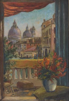 painting of a view of a city from a window with a vase of flowers