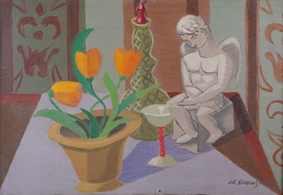 a painting of a woman sitting on a chair next to a vase of flowers