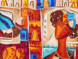 an oil painting of a woman with a bird in her hand in front of a city