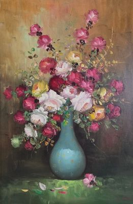 a painting of a blue vase with flowers in it