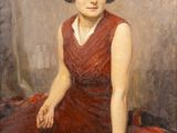une image représentant un tableau où l'on voit une femme en robe rouge assise sur un lit