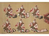 six chinese men in traditional clothing sitting on the ground