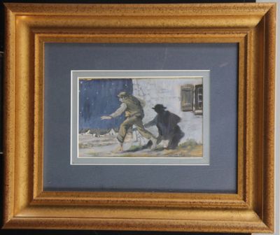 tableau représentant un homme et un chien, encadré et accroché au mur