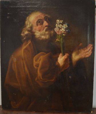 un vieux tableau représentant un homme tenant une fleur à la main