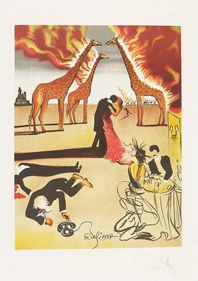 tableau représentant des girafes et une femme en robe rouge devant un groupe de personnes