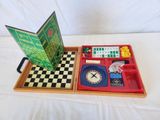 a wooden tray with a clock and a book on it