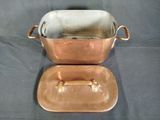 pair of antique copper casserole pans with handles and handles