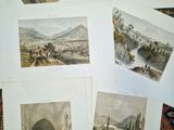 six aquarelles anciennes représentant un paysage avec un château en arrière-plan