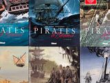 several books of pirates and pirates on display in a book case