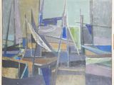 a painting of boats docked in a harbor on the water