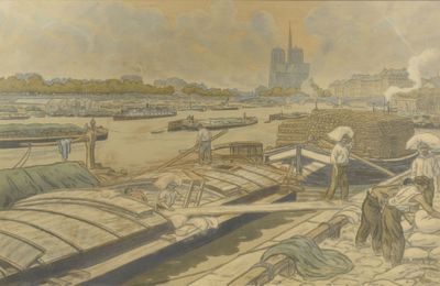 une peinture représentant un bateau sur l'eau avec des personnes à bord