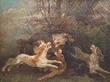 un tableau représentant des chiens qui jouent ensemble dans un champ