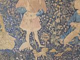 a picture of a tapestry with people and animals on it