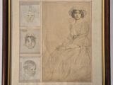 le dessin d'une femme assise sur une chaise à côté de la photo d'un homme