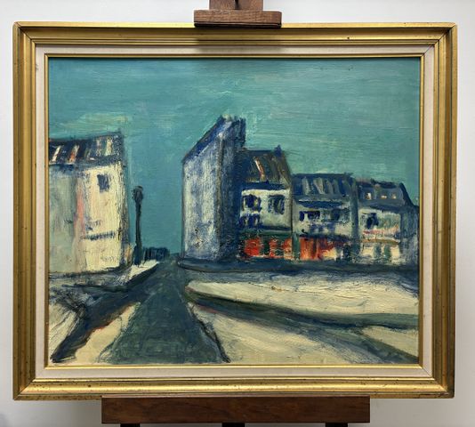  « Vue de ville ». Huile sur isorel. Non signée. Porte une étique...