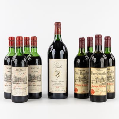 9 bouteilles de vins fins, Château Des Tours, Château Vieux …