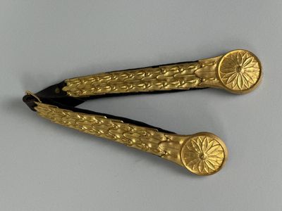 deux barrettes dorées posées sur une surface blanche