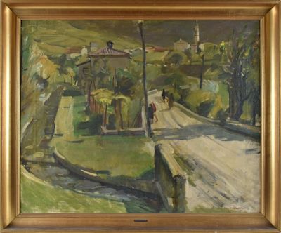 une peinture à l'huile représentant une route de campagne sur laquelle marche une personne