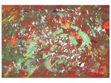 abstract painting of red, green, yellow, and white paint on canvas