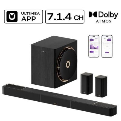 an image of a black sound bar with two speakers and a remote
