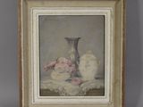 tableau représentant une nature morte composée de fleurs et d'un vase posés sur une table