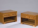 pair of wicker bedside tables with drawers on each side