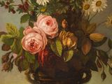 a painting of flowers in a vase on a table