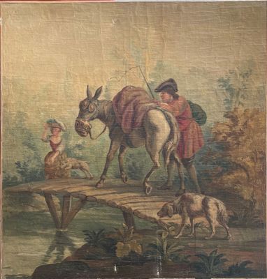 painting of a man on a donkey crossing a bridge with a dog
