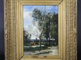 un tableau représentant un paysage avec des arbres et des vaches dans un champ
